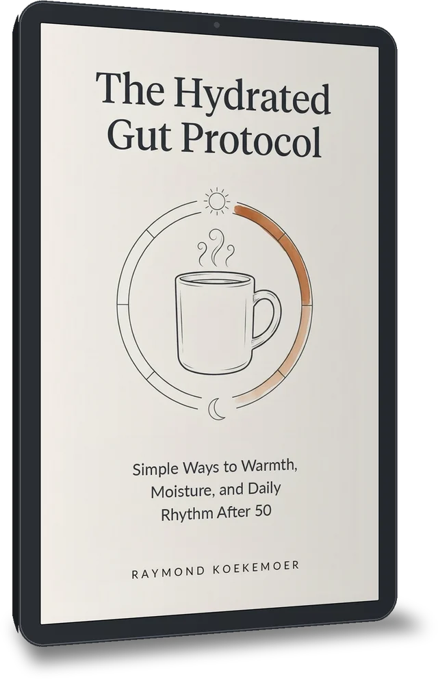 Cover of The Hydrated Gut Protocol, with a line drawing of a warm mug.
