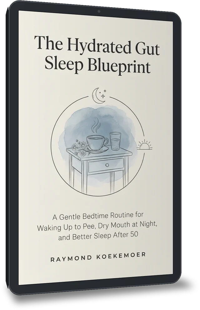 Cover of The Hydrated Gut Sleep Blueprint, with a line drawing of a teacup and a glass on a bedside table.